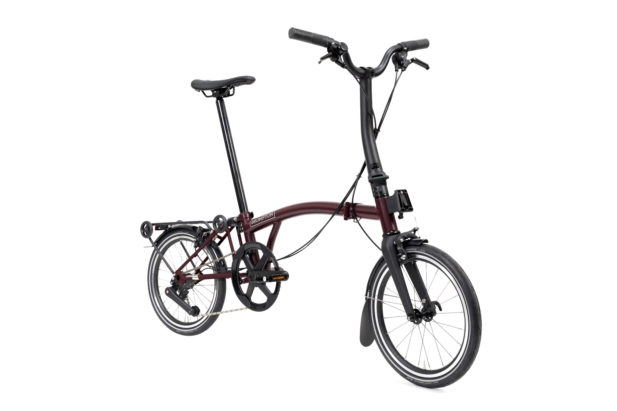Brompton P Line Mk2 M4R Red Plum three-quarter front view with Mid handlebar and rear rack