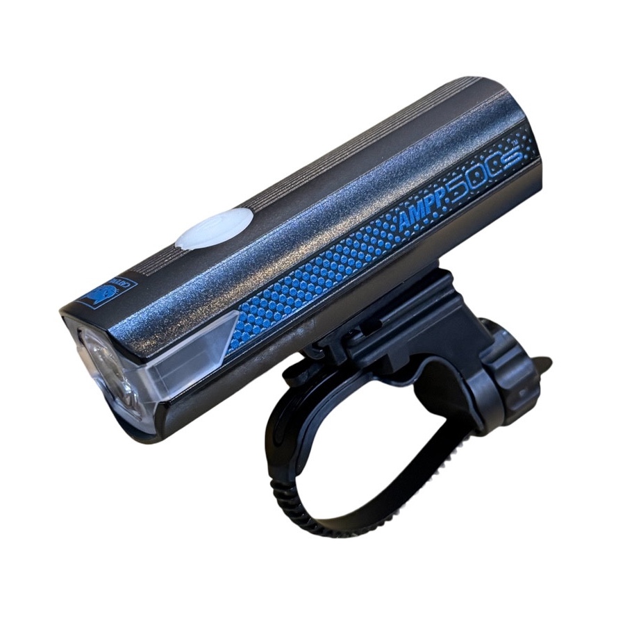 CatEye AMPP500S Blue Limited Edition rechargeable bicycle headlight with FlexTight handlebar bracket on a white background