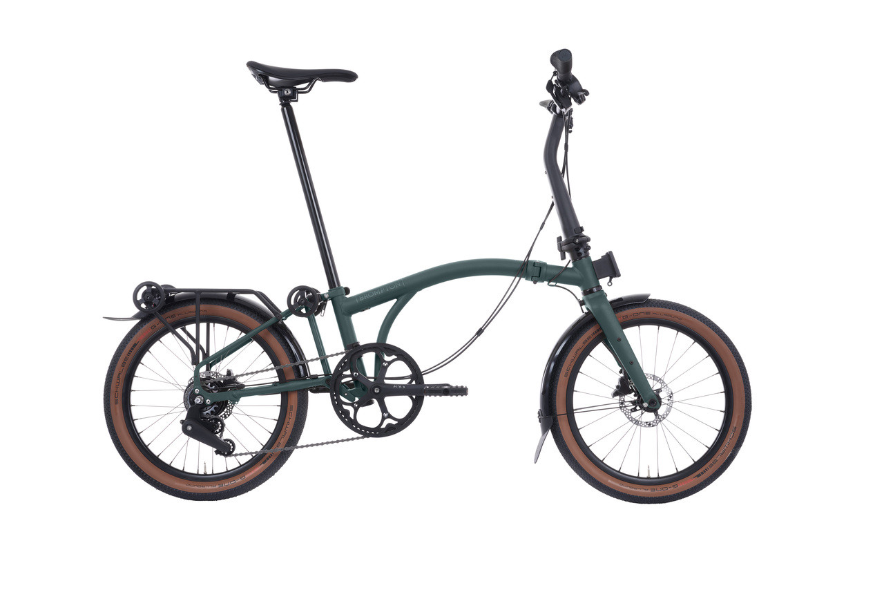 Brompton G Line Forest Green 8-speed folding bicycle with rack, side view