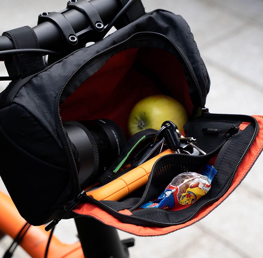 Brompton Bar Bag open interior and organised storage pockets
