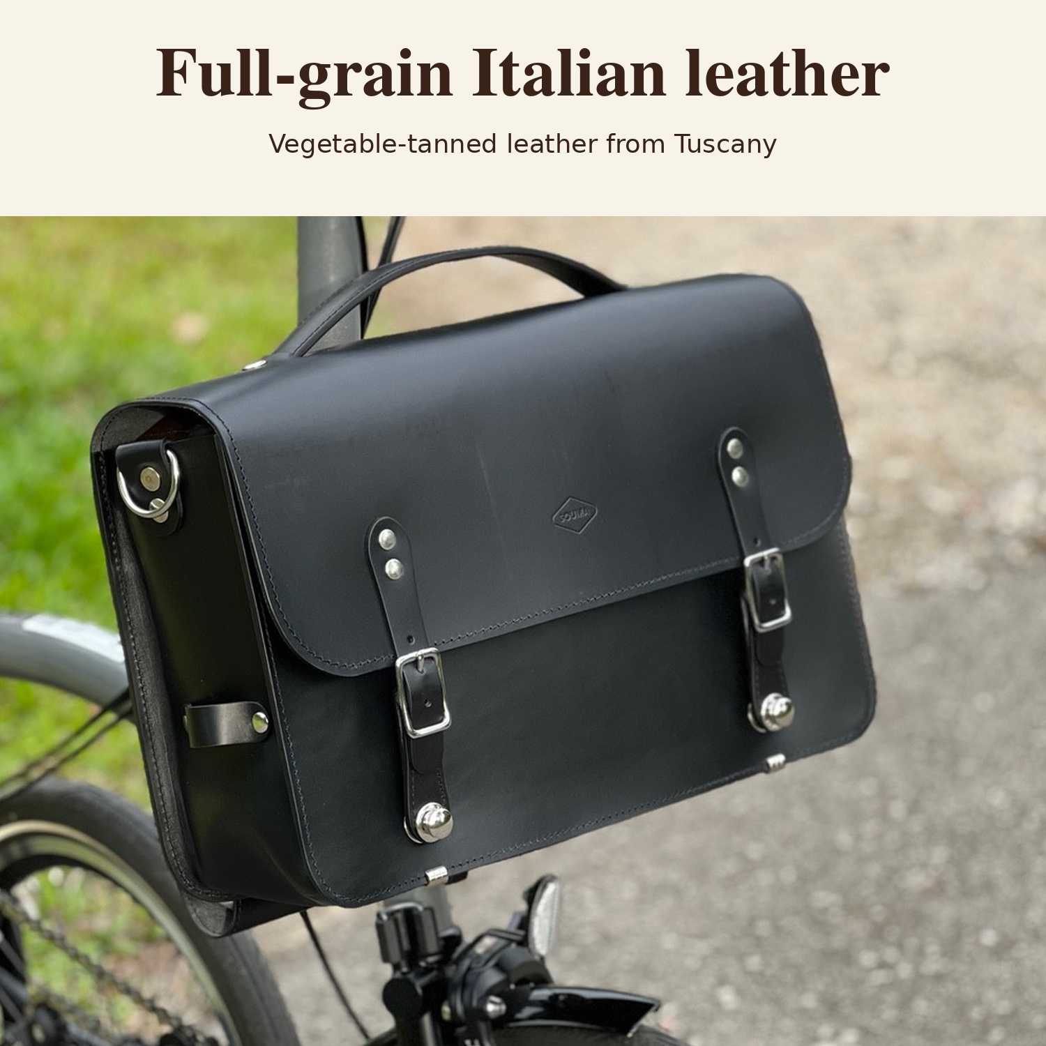 Black Souma Camera Bag showing full-grain vegetable-tanned Italian leather