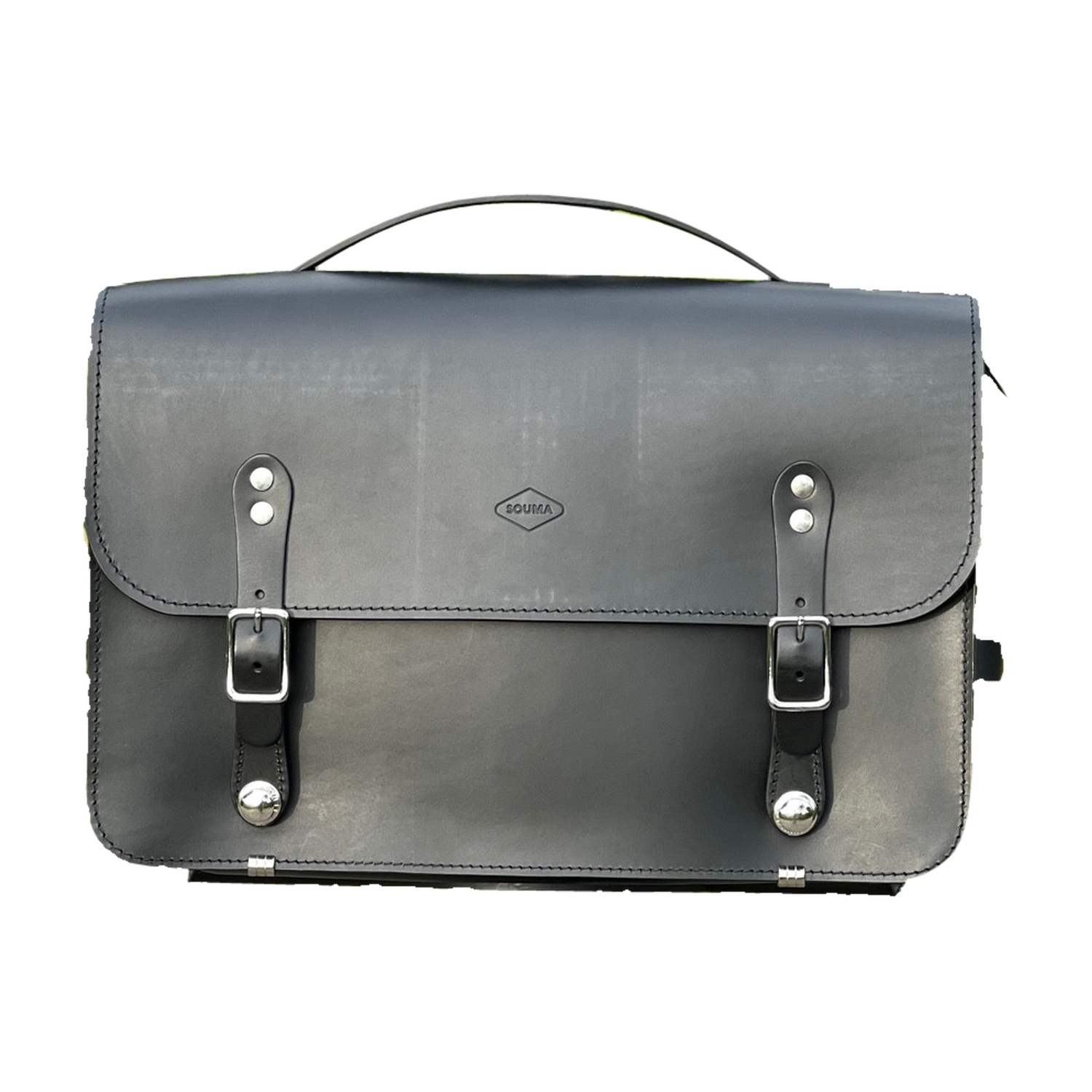 Souma Leather Camera Bag in Black, front view on a white background