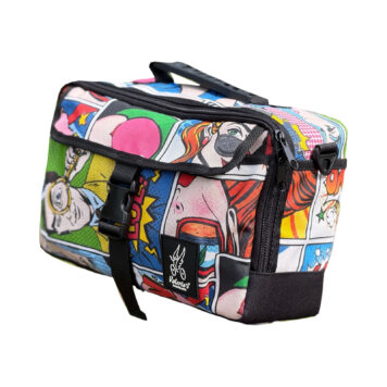 Valeria’s Barcelona Cris Mini 5L Brompton bag, Comic Print #02, with black trim and buckle on a white background