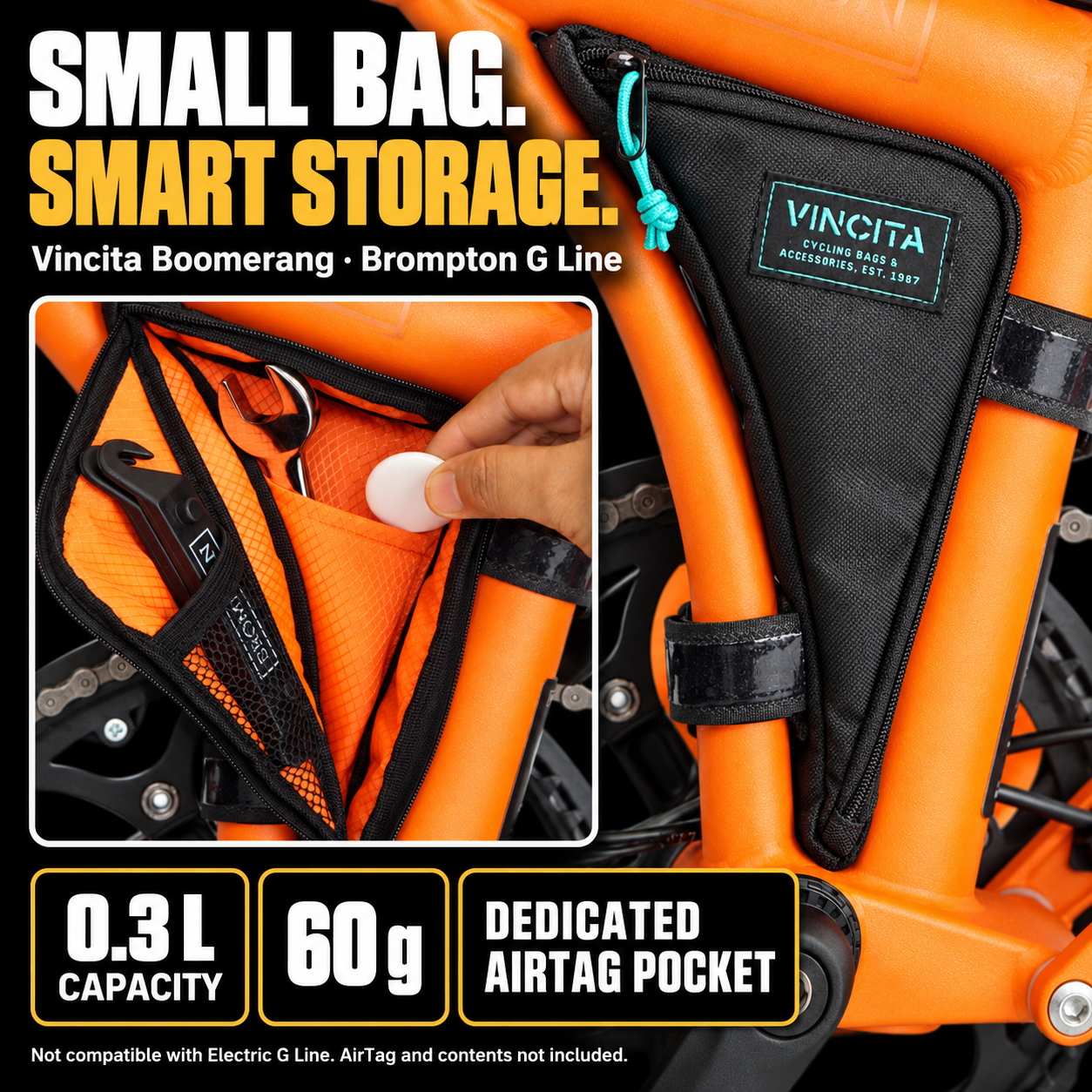 Vincita Boomerang G Line bag features: 0.3 litre capacity, 60 gram weight and dedicated AirTag pocket