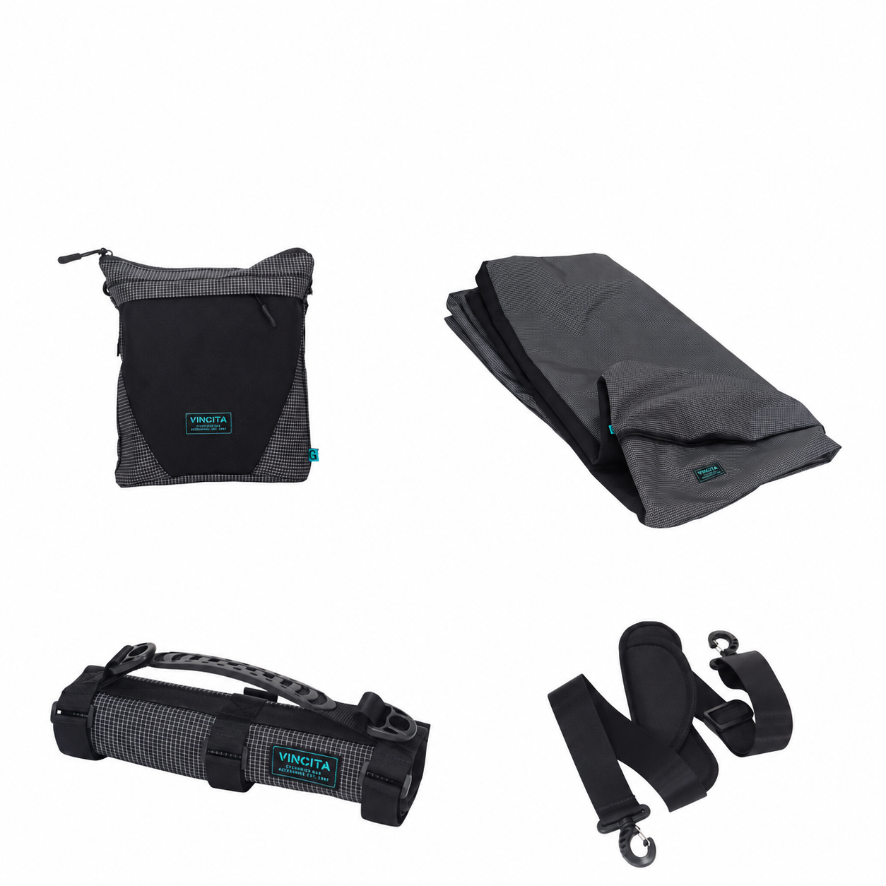 Vincita Invisibility G Line set in Ripstop Black with cover, handlebar bag, carrying handle and shoulder strap on white