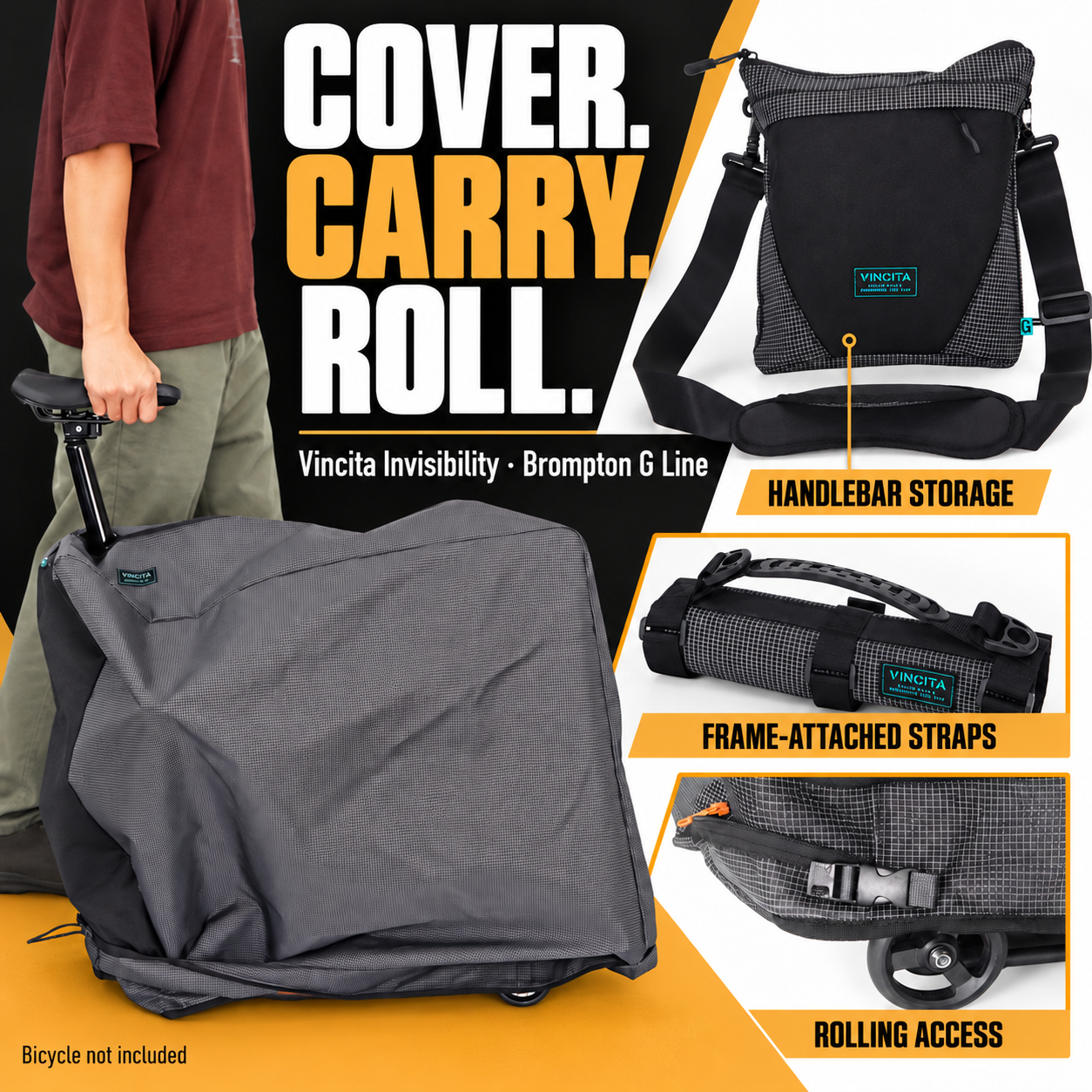Vincita Invisibility G Line cover with frame-attached straps, rolling access and handlebar storage.
