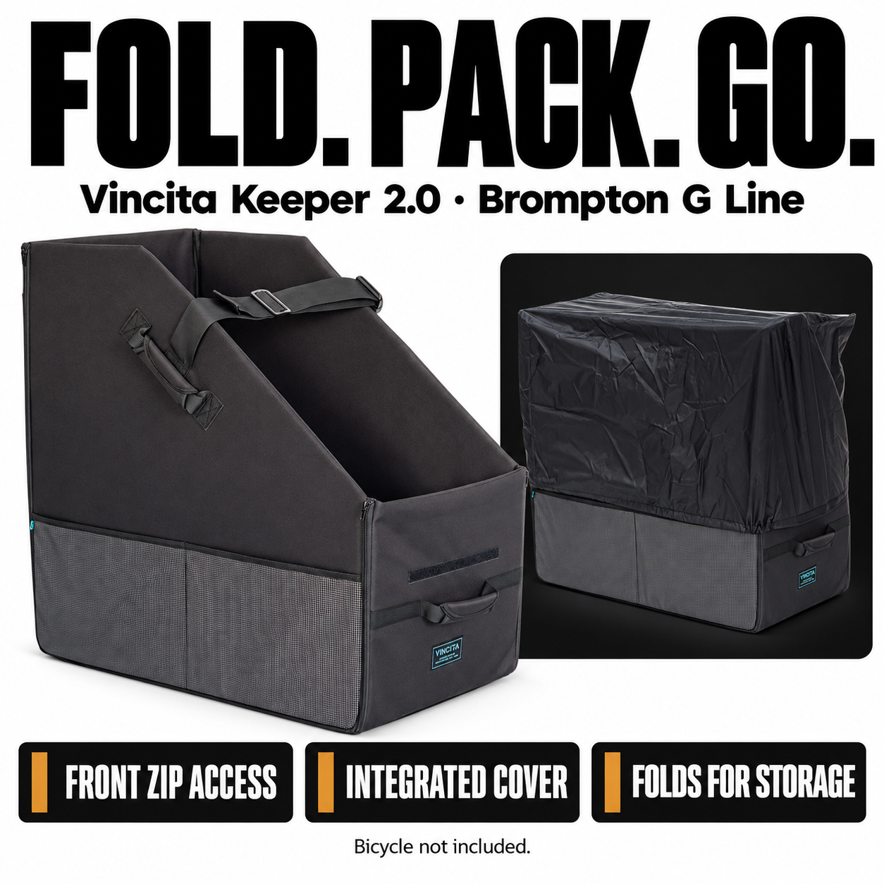 Vincita Keeper Bike Box 2.0 for Brompton G Line showing front zip access, integrated cover and storage features