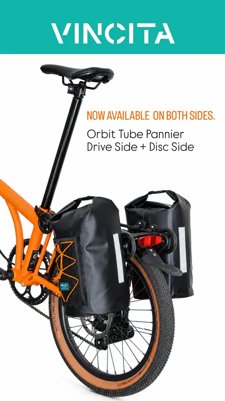 Vincita announcement showing Orbit Tube Panniers on both sides of a Brompton G Line