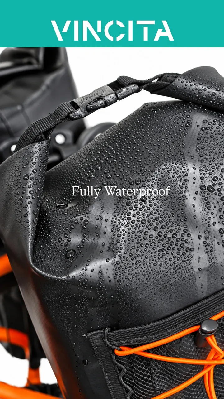 Water droplets on the black Vincita Orbit Tube Pannier and its roll-top closure